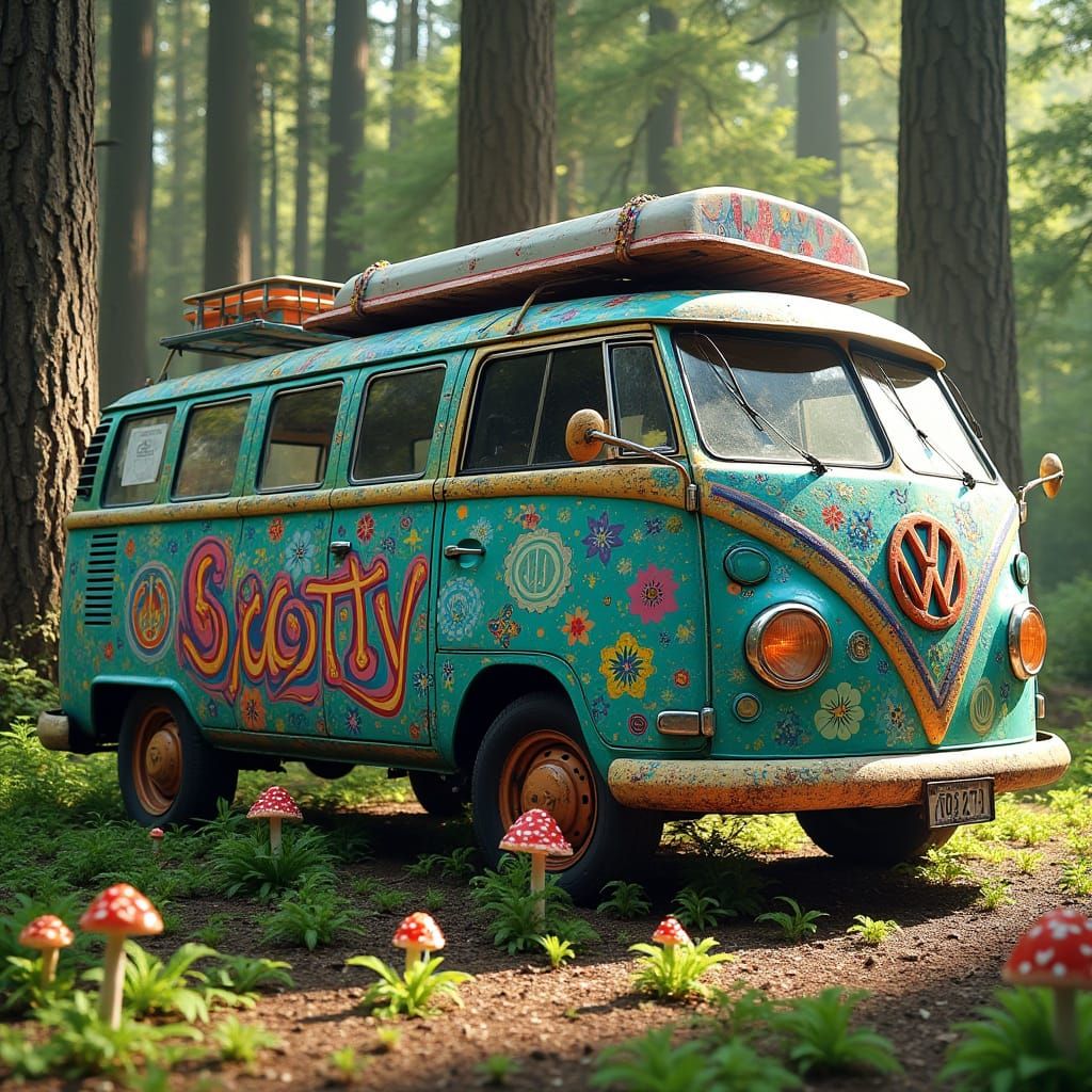 Psychedelic Hippie Van in Whimsical Woodland Campground
