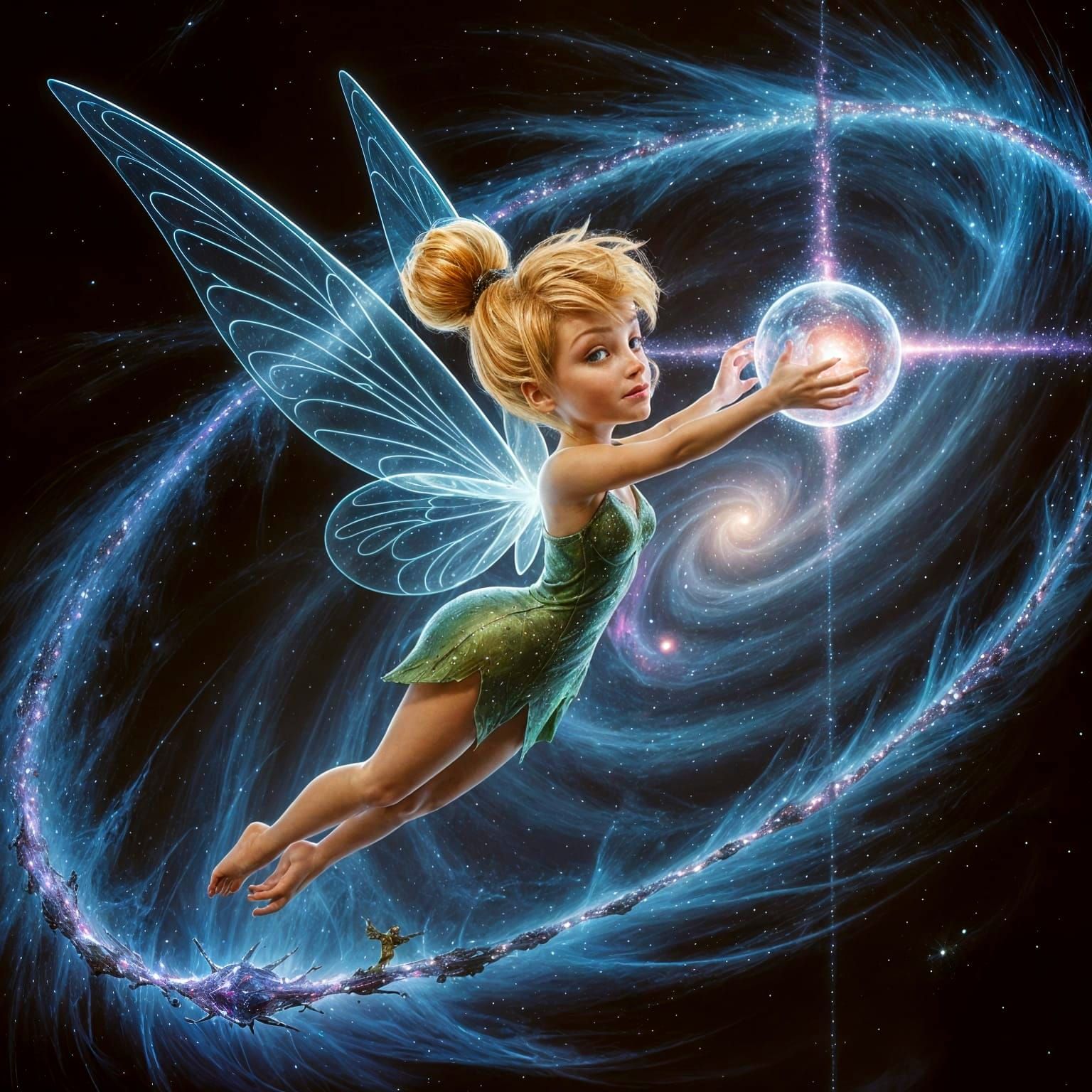 Tinkerbell as Cosmic Guardian in Galactic Swirl