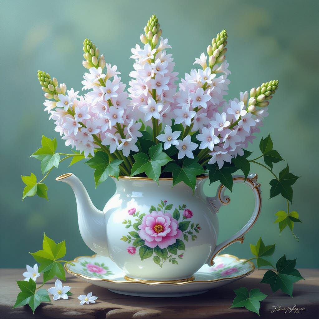 Whimsical Teapot Floral Arrangement in Ethereal Mist