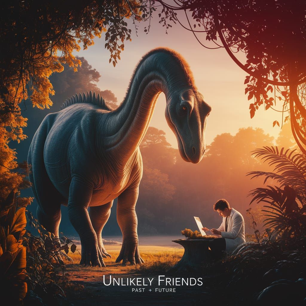 Brachiosaurus and Scientist Connect at Sunset