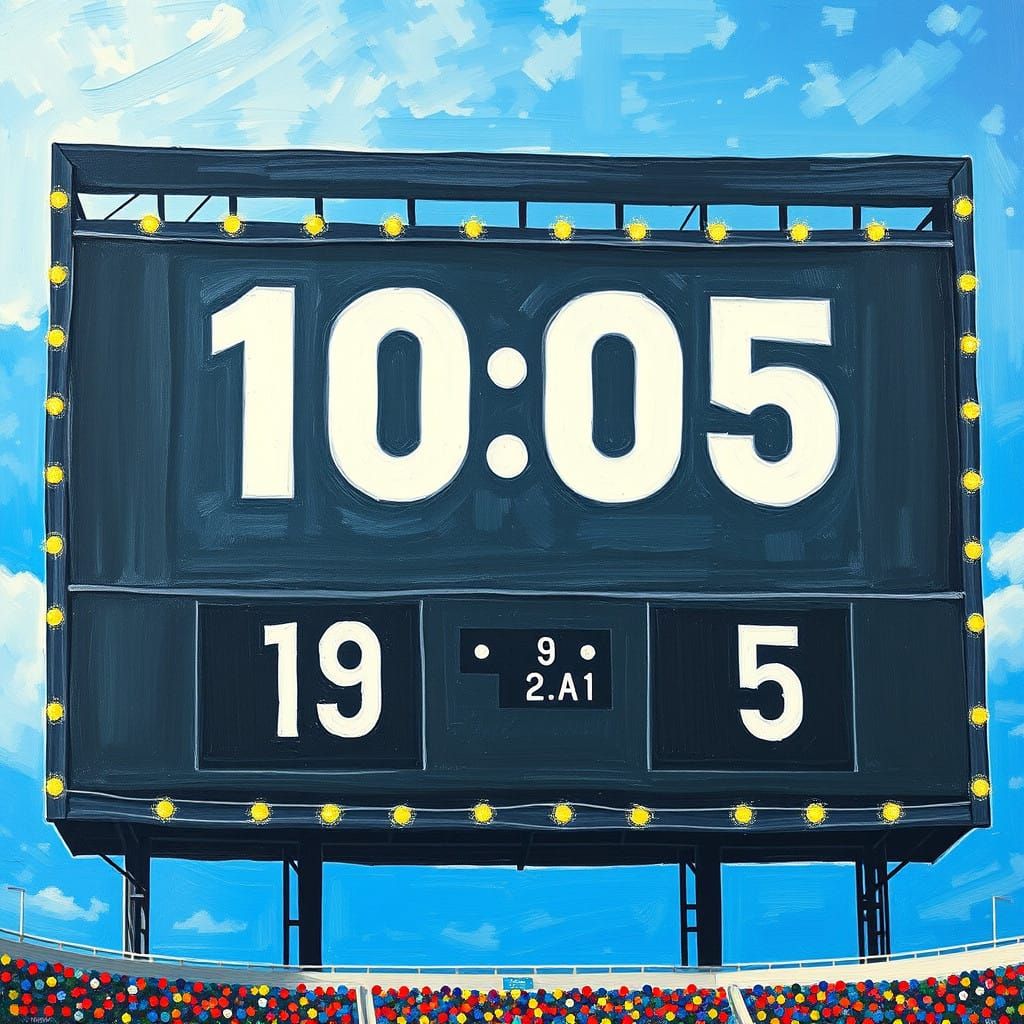 Neon Football Scoreboard Against Bright Blue Sky