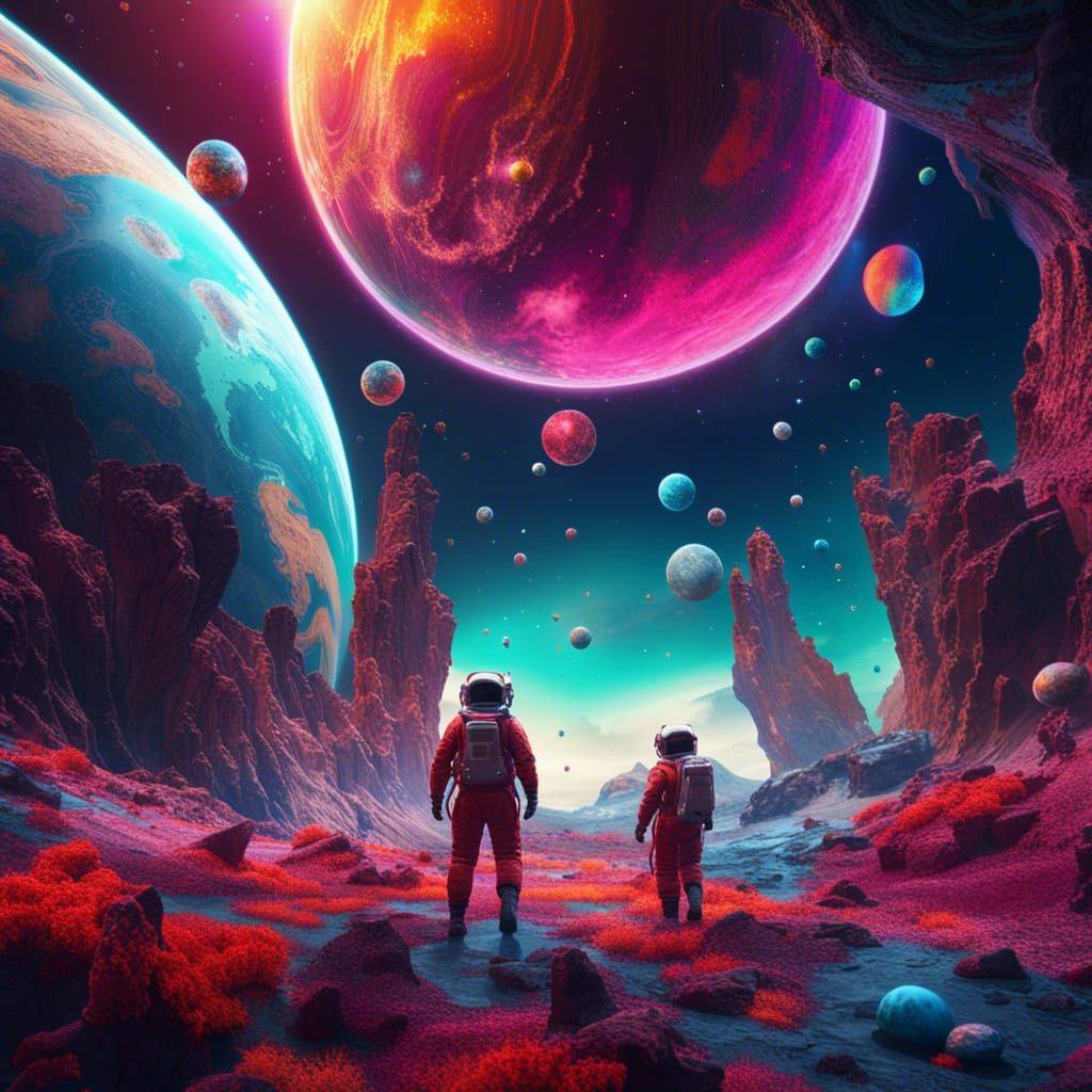 Astronauts Among Colorful Planets in Detailed 3D Render