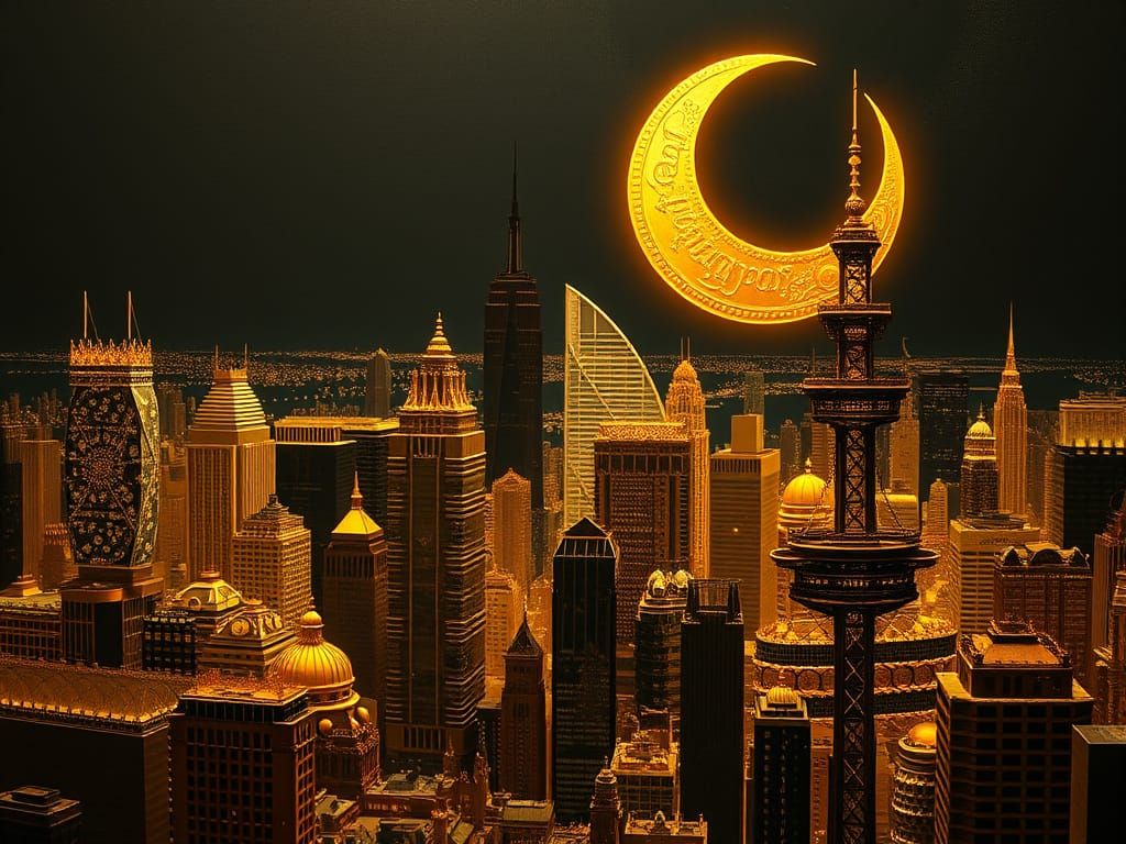 Golden Metropolis Under a Coin Moon