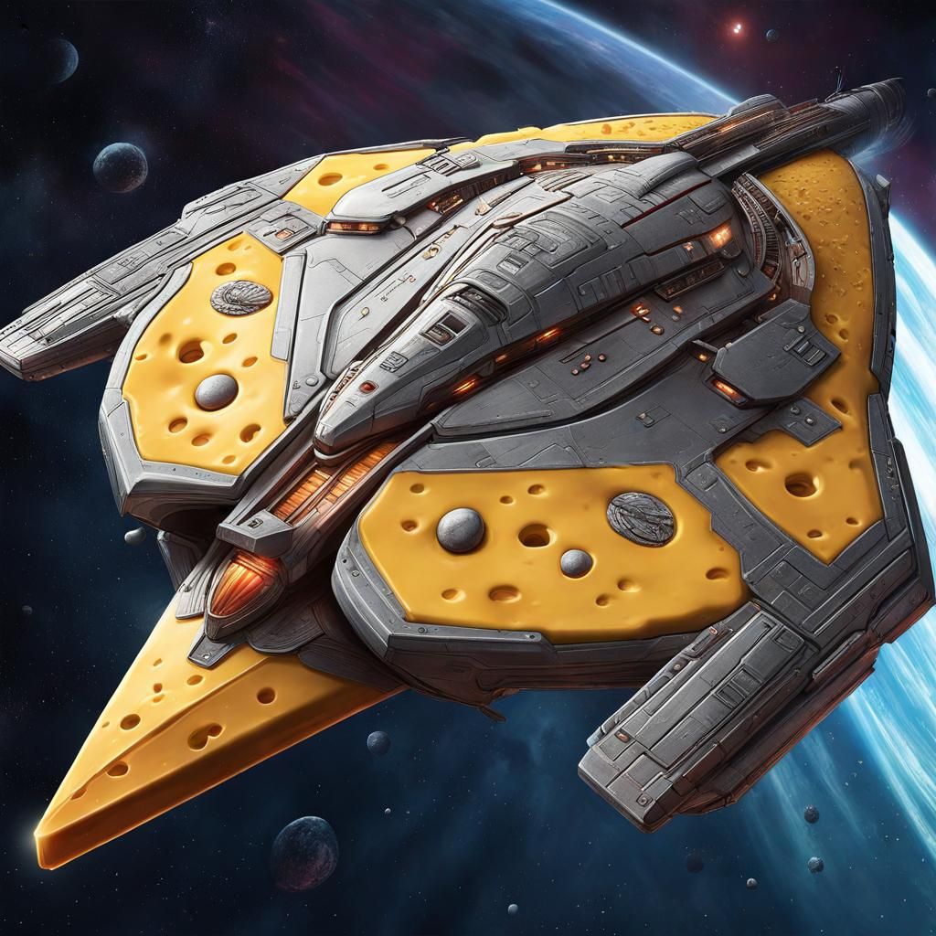 Hyperrealistic Cheese Spaceships in Splash Art Style