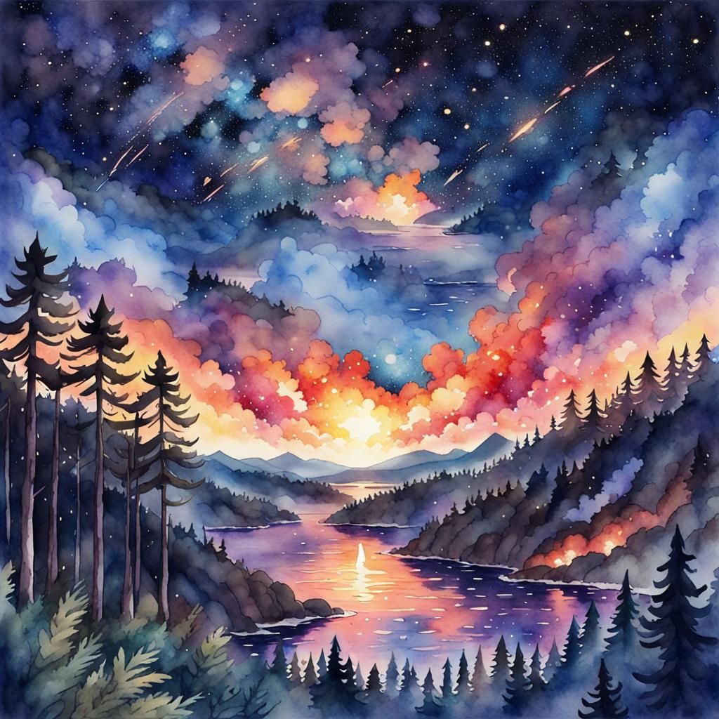 Watercolor Sunset Forest Fire Amidst Galaxies