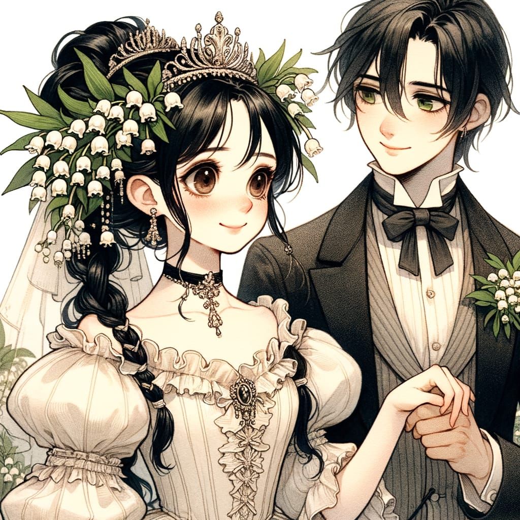 Romantic Classic Illustration of Young Couple in Wedding Att...