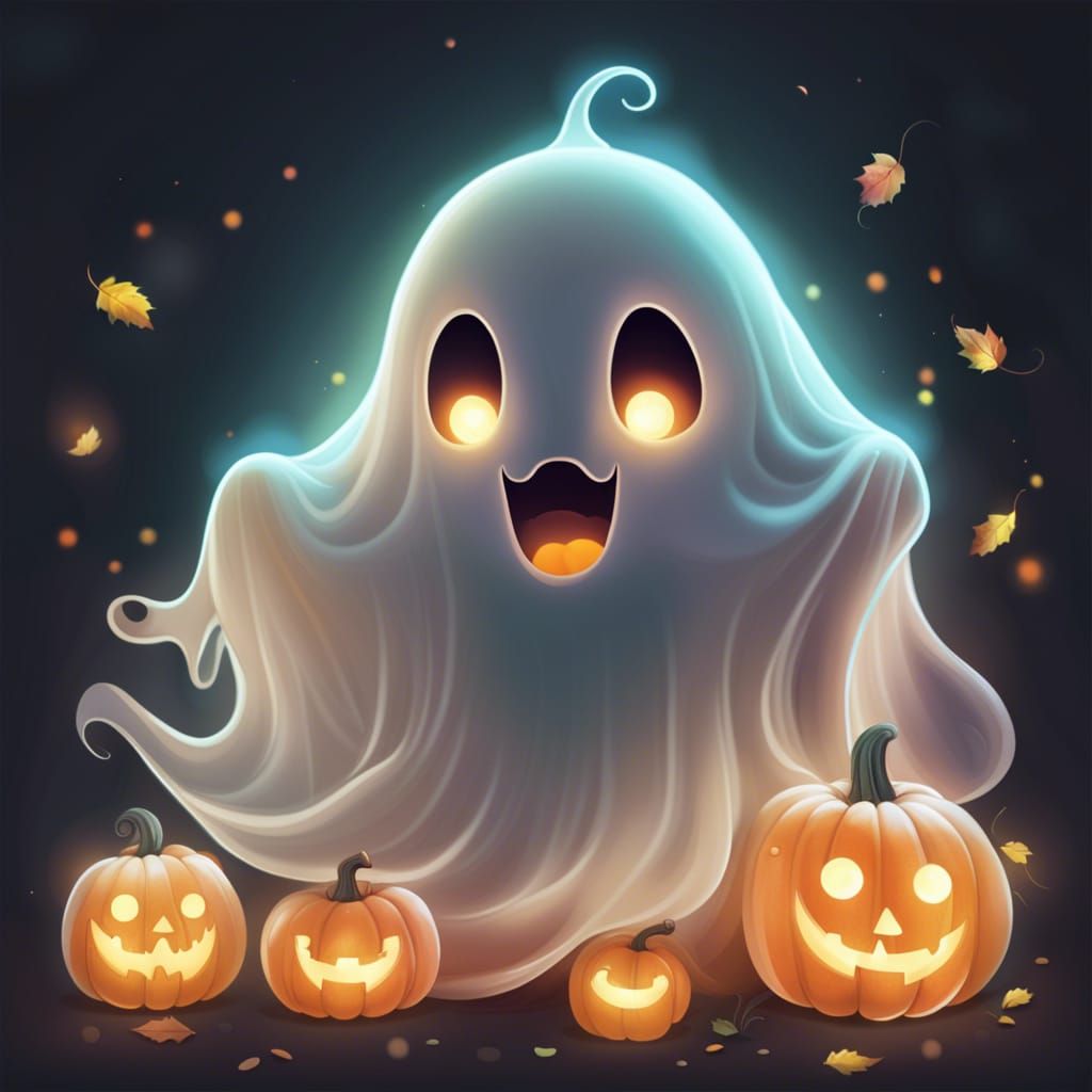 Cute Semi-Transparent Ghost with Pumpkins
