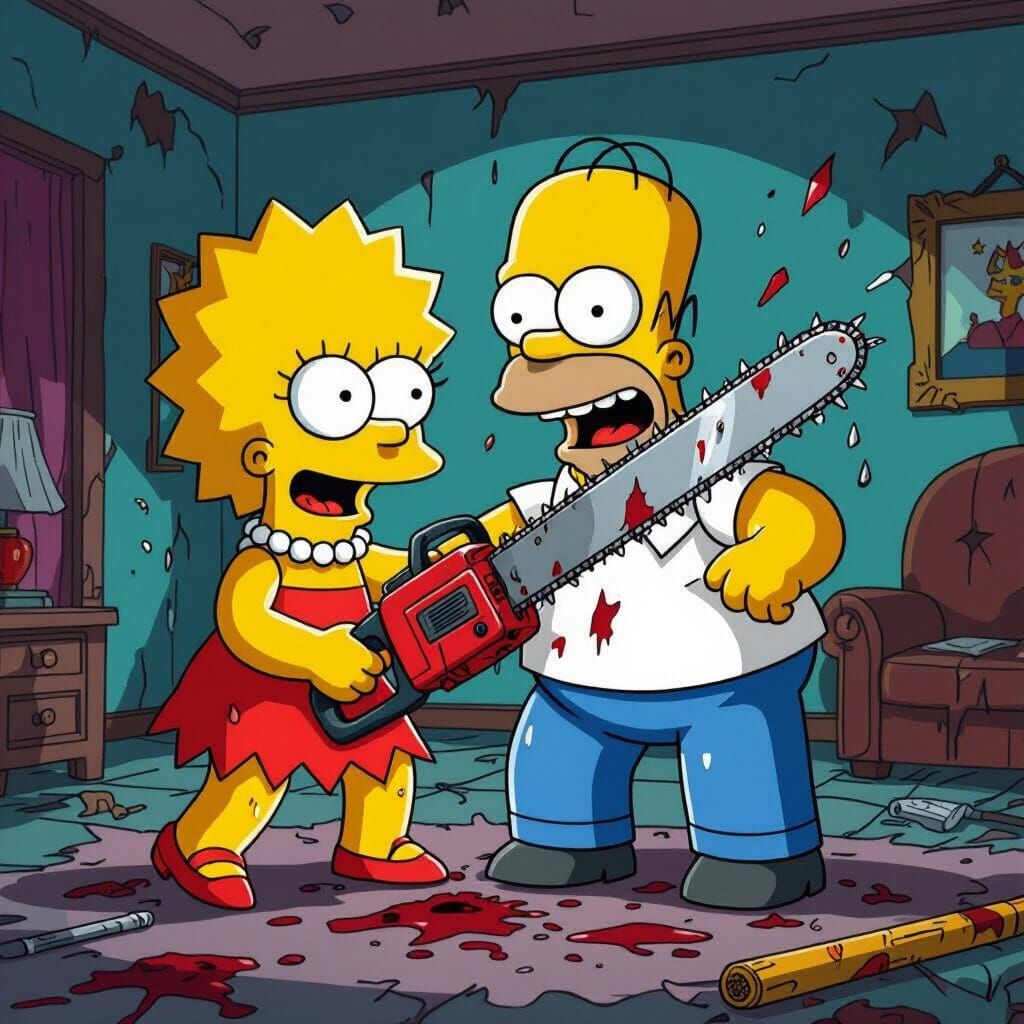 Lisa Simpson Decapitates Homer in Cartoon Style