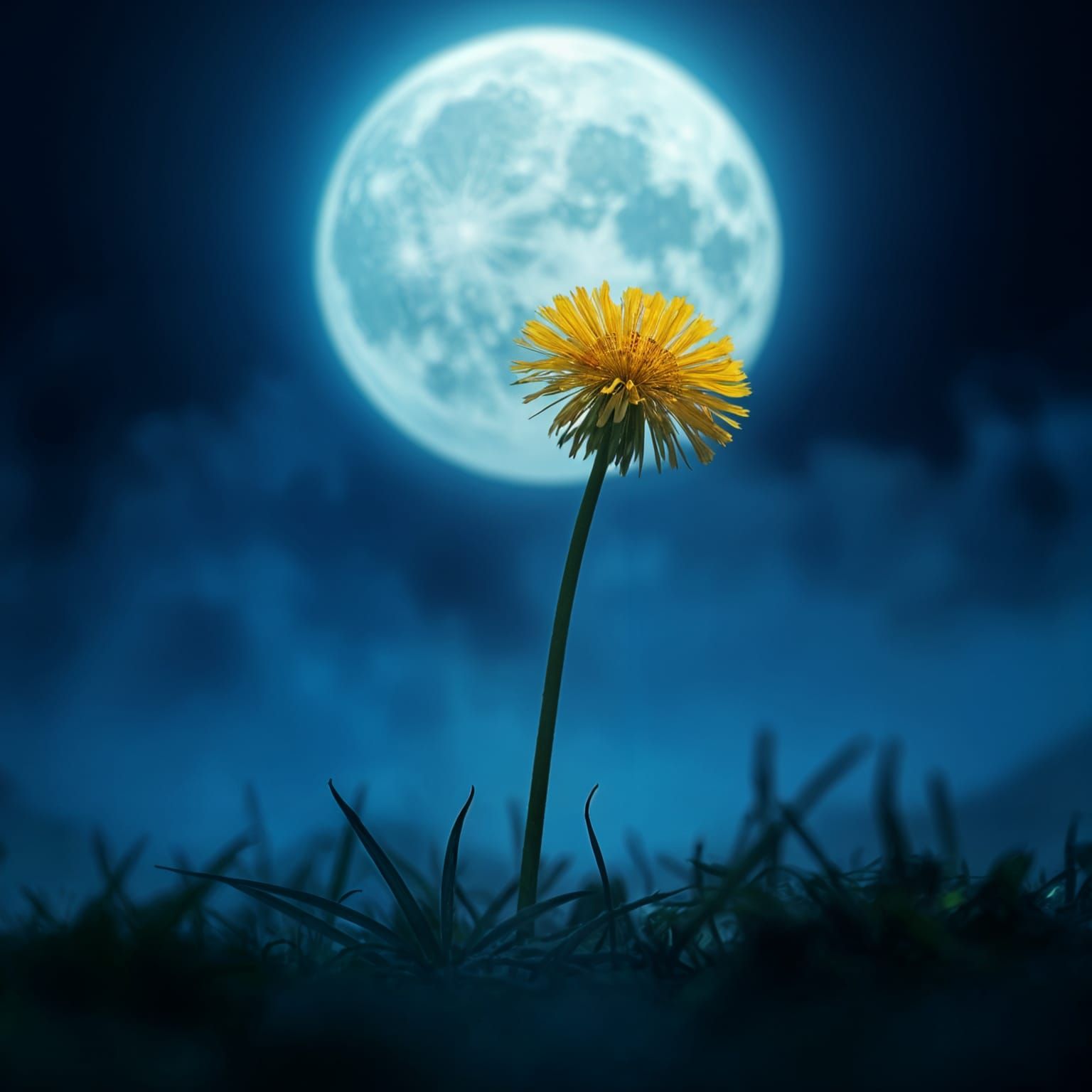 Dazzling Lunar Dandelion Blooms in Ethereal Blue Mist
