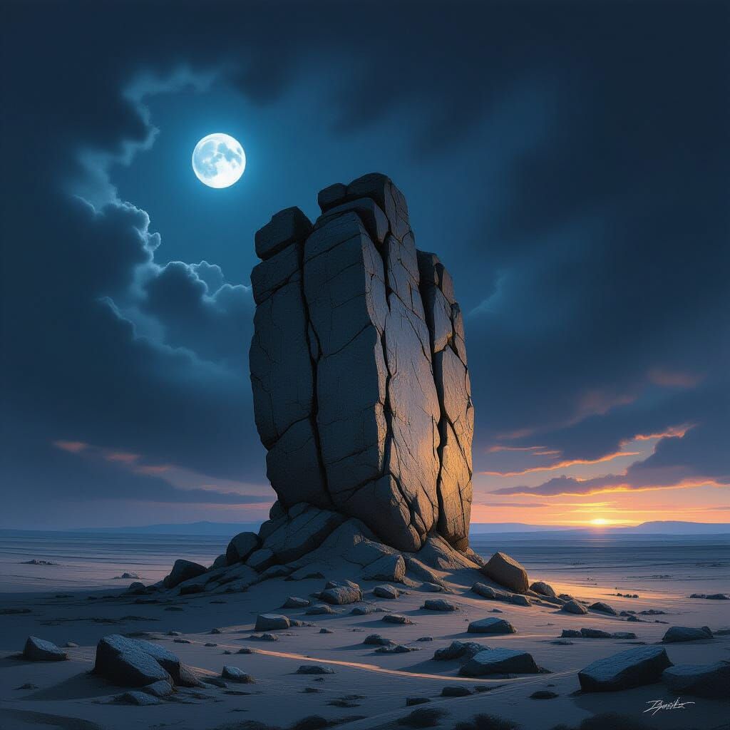 Ancient Rock Formation in Desolate Twilight Landscape