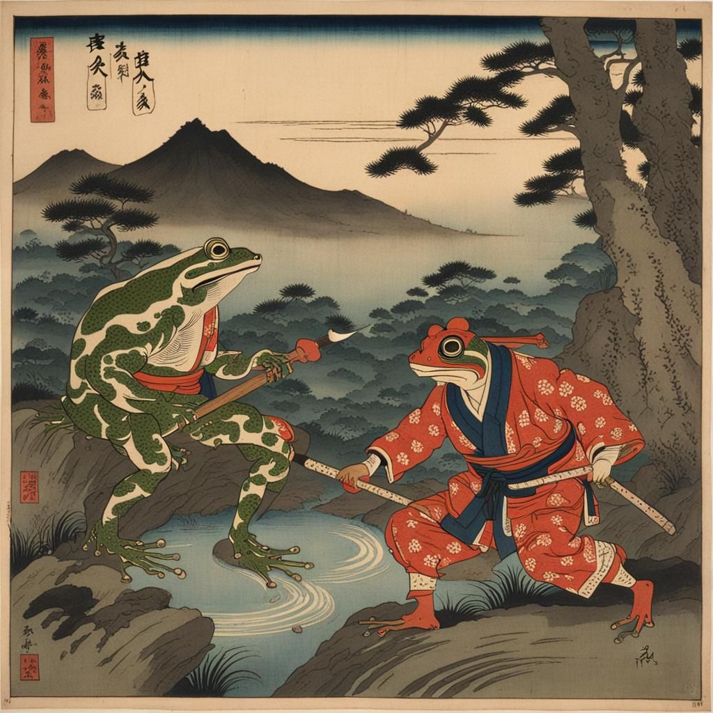 Frog versus Oni in Japanese Woodblock Style