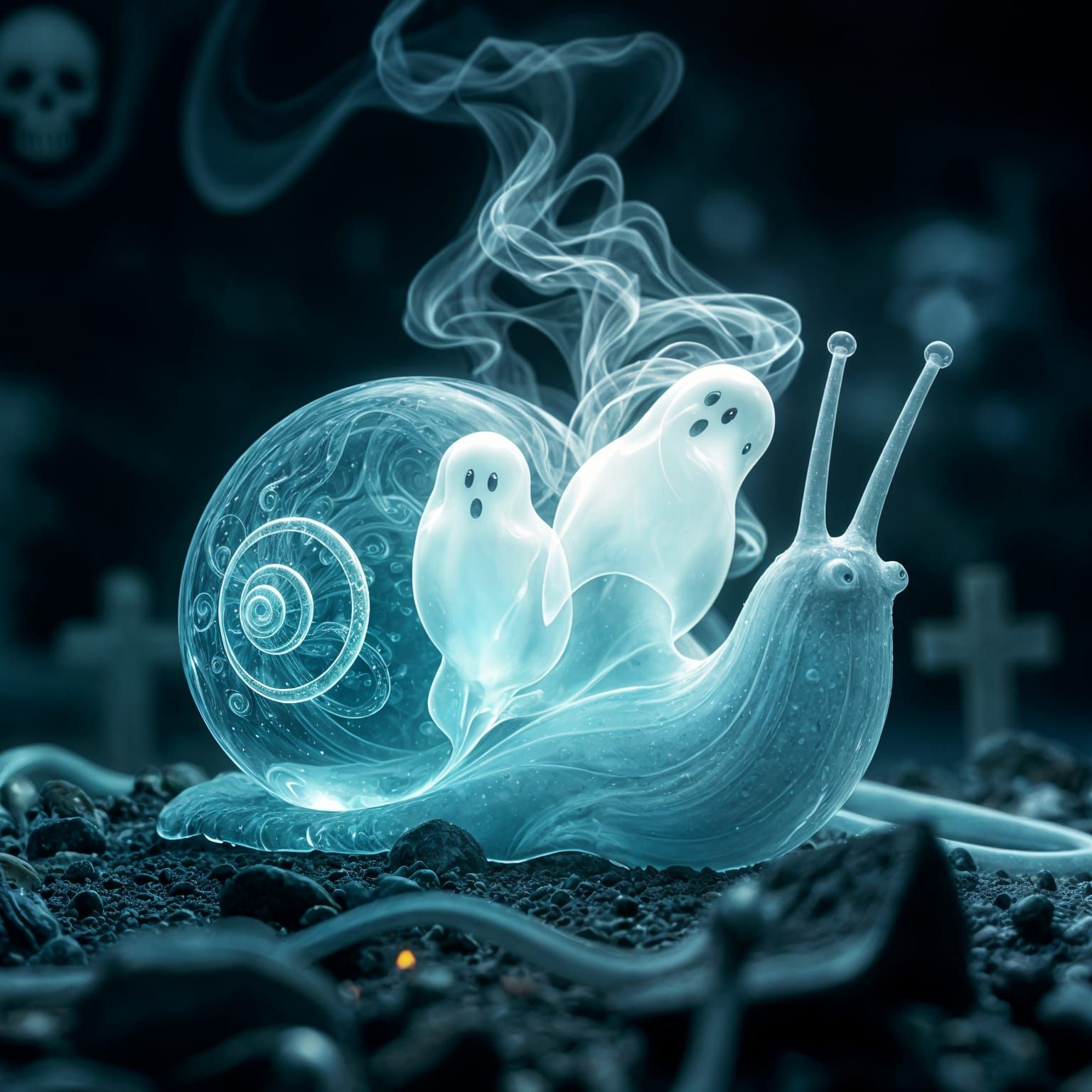 Glowing Glass Snail with Graveyard Double Exposure