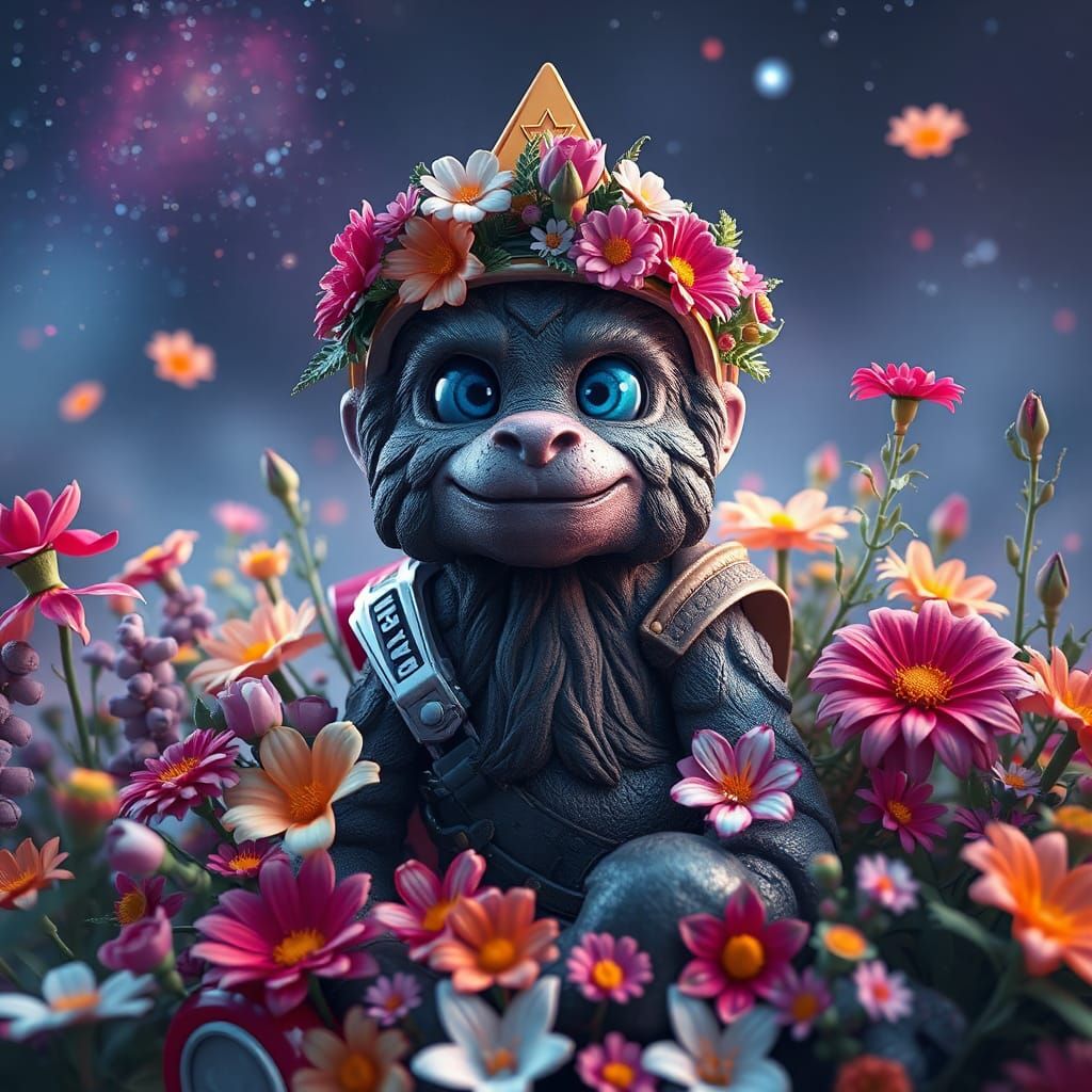 Monkey in Flower Crown, Detailed Matte Painting