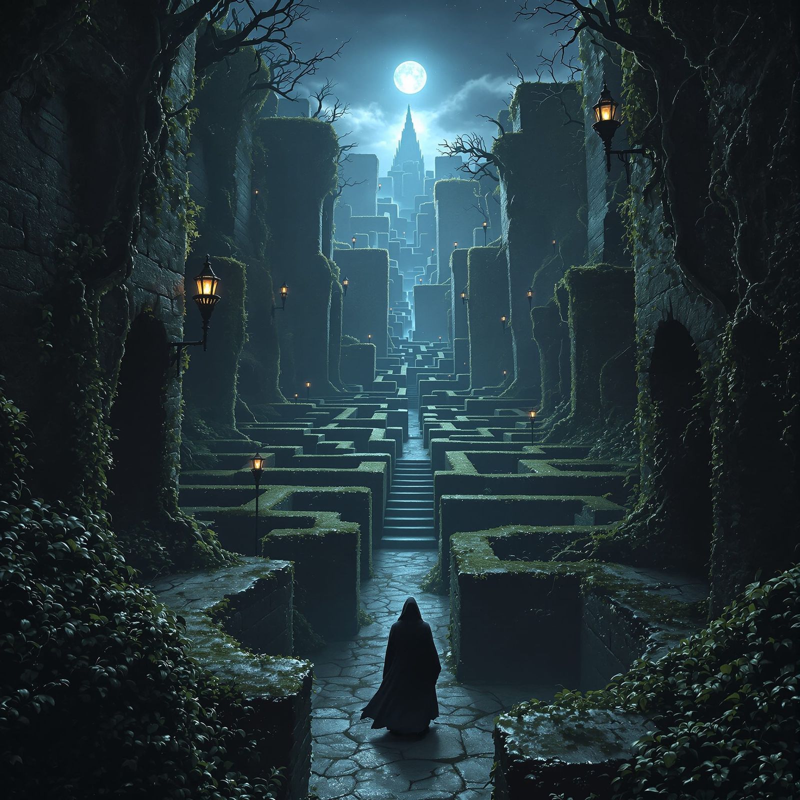 Hooded Figure in Overgrown Maze at Night
