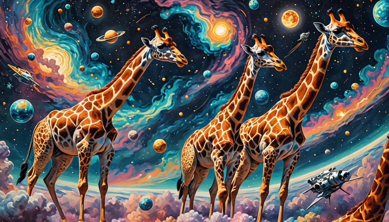 Majestic Giraffes in a Vibrant Galactic Landscape