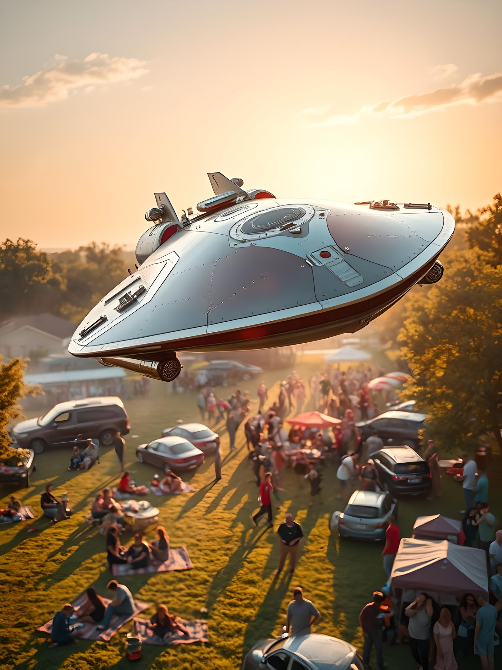 Retro Spaceship Over BBQ Cook-Off: Cinematic Digital Art