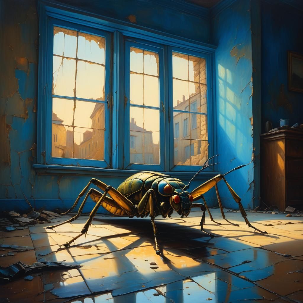 Giant Insect on Cluttered Floor in Beksiński Style