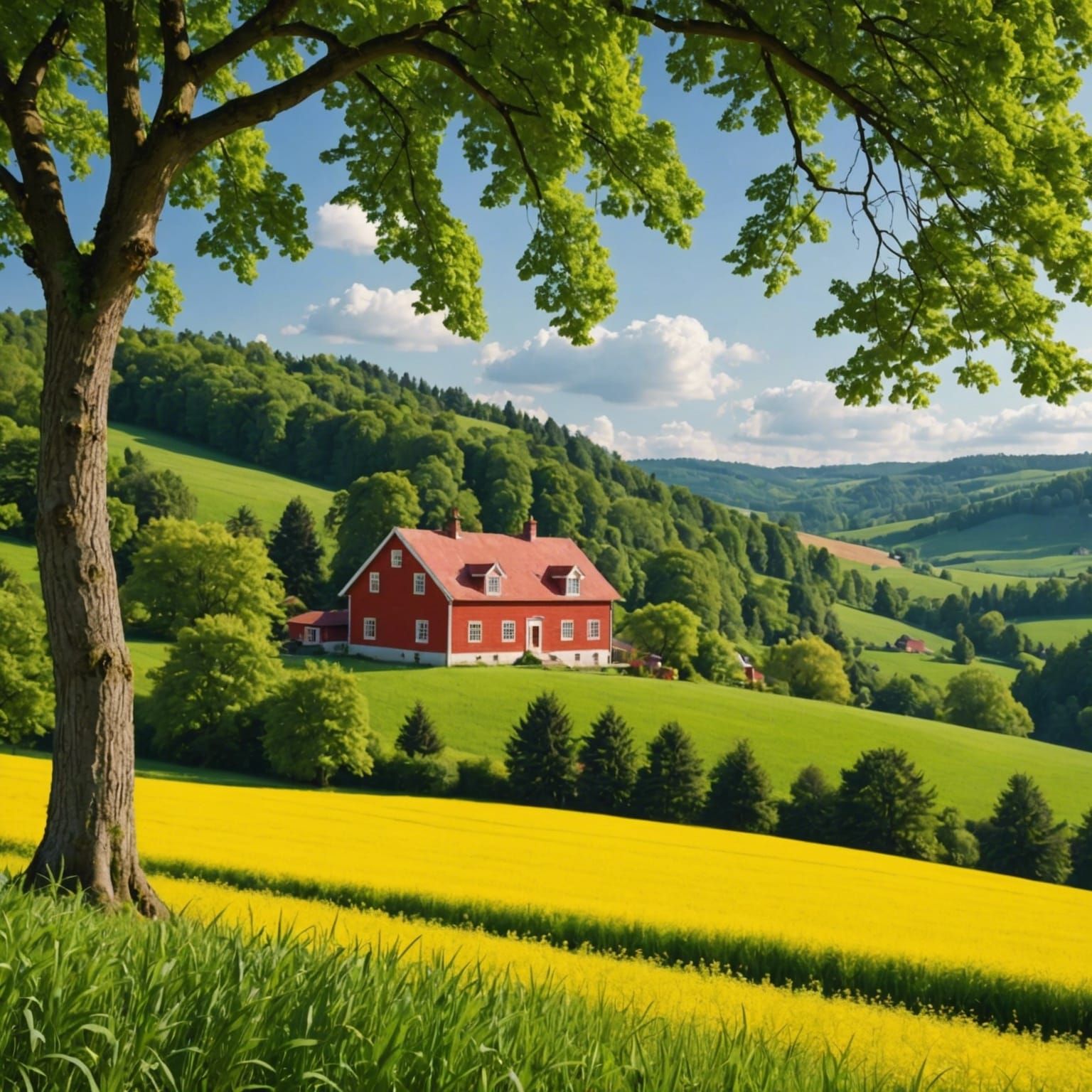 Picturesque Landscape with Red House and Rolling Fields