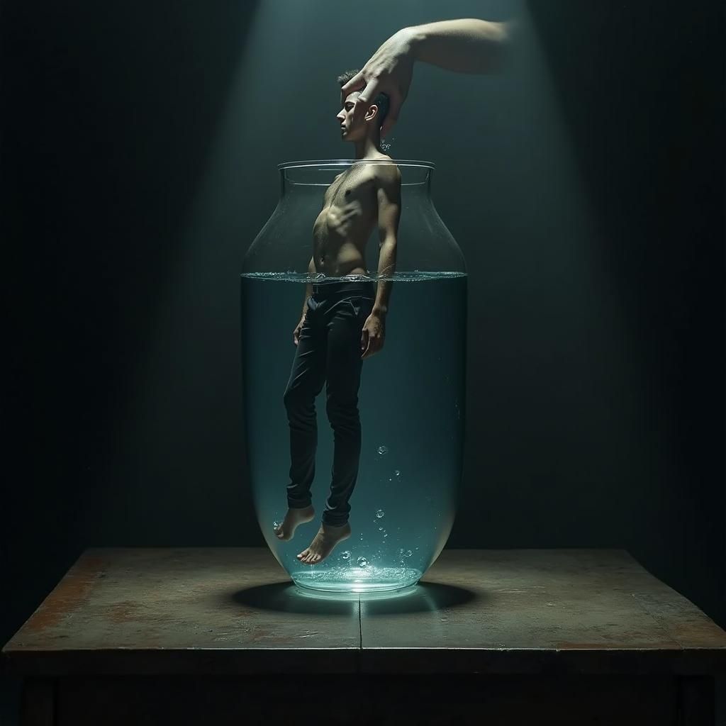 Man Falls into Glass in Hyperrealistic Style