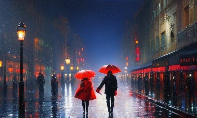 Rainy Street Scene in Oil Painting Style