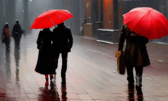 Couple Under Red Umbrella: Oil Painting Masterpiece
