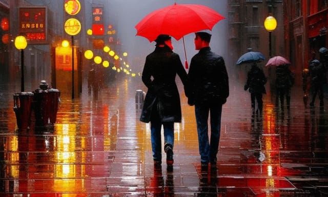 Couple in Rainy Street: Oil Painting Masterpiece