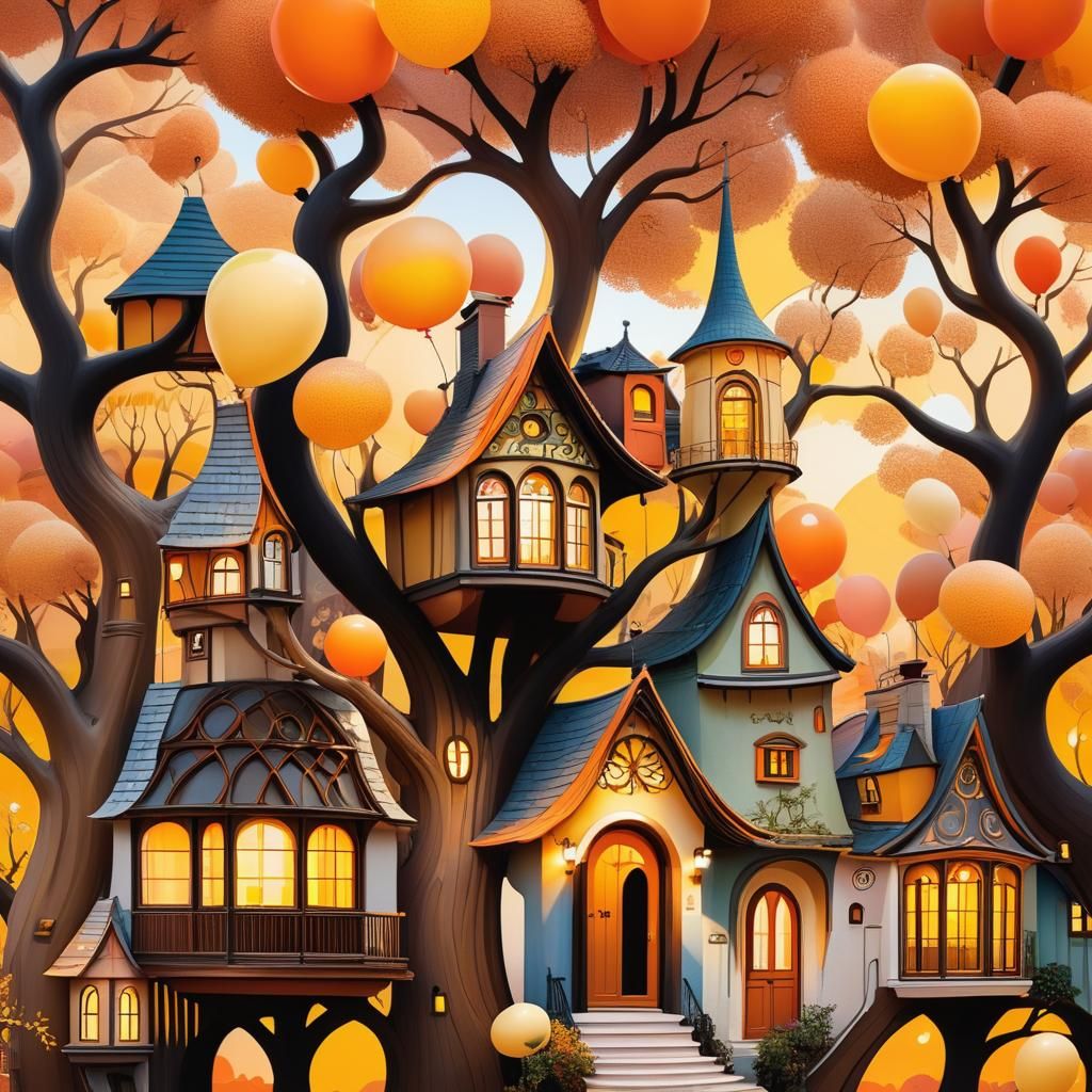 Whimsical Houses with Exaggerated Features in Magical Scene