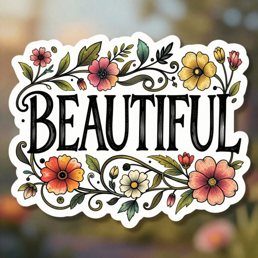 BEAUTIFUL Word Art with Floral Elements in Whimsical Style