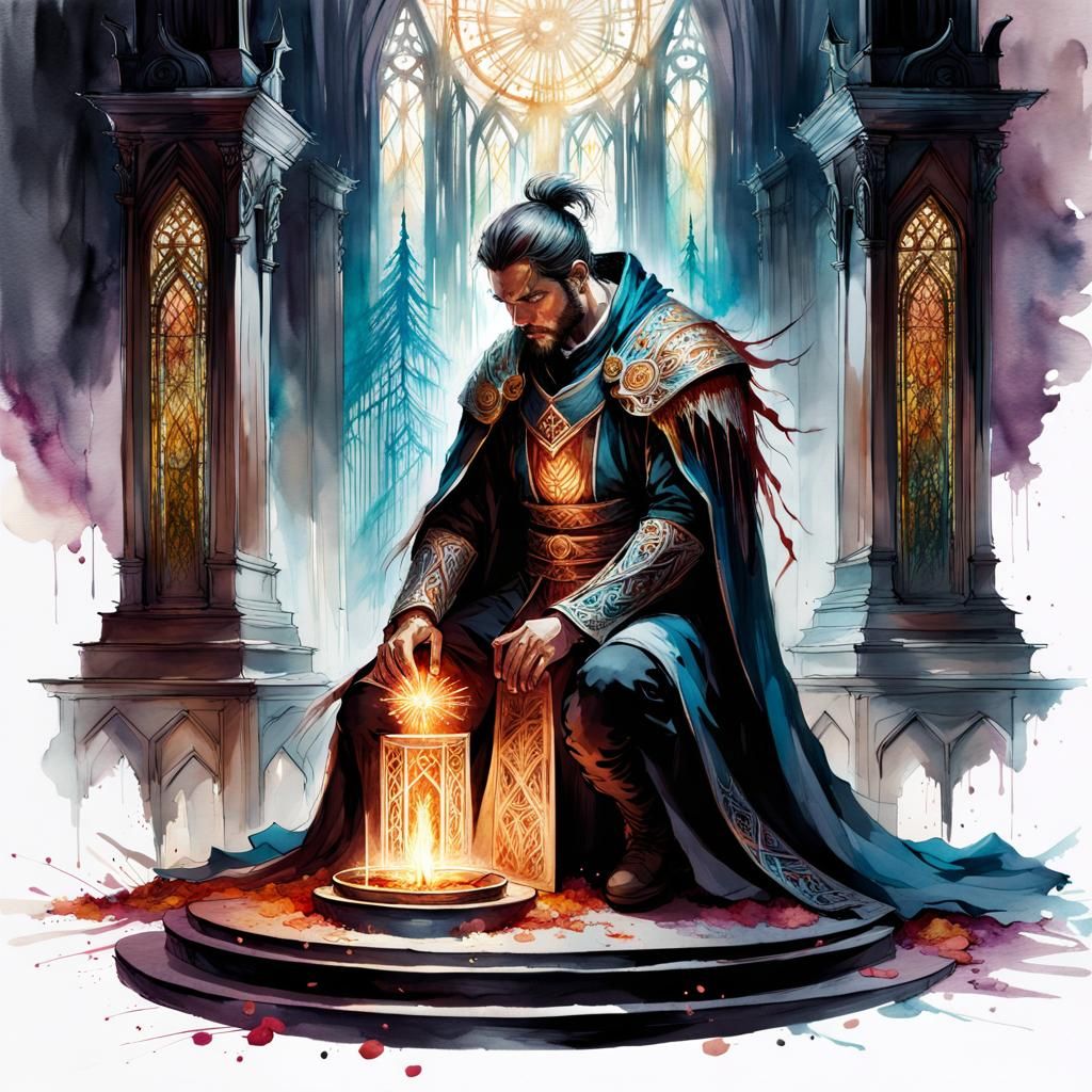 Fantasy Cleric Turning Undead, Watercolor Art