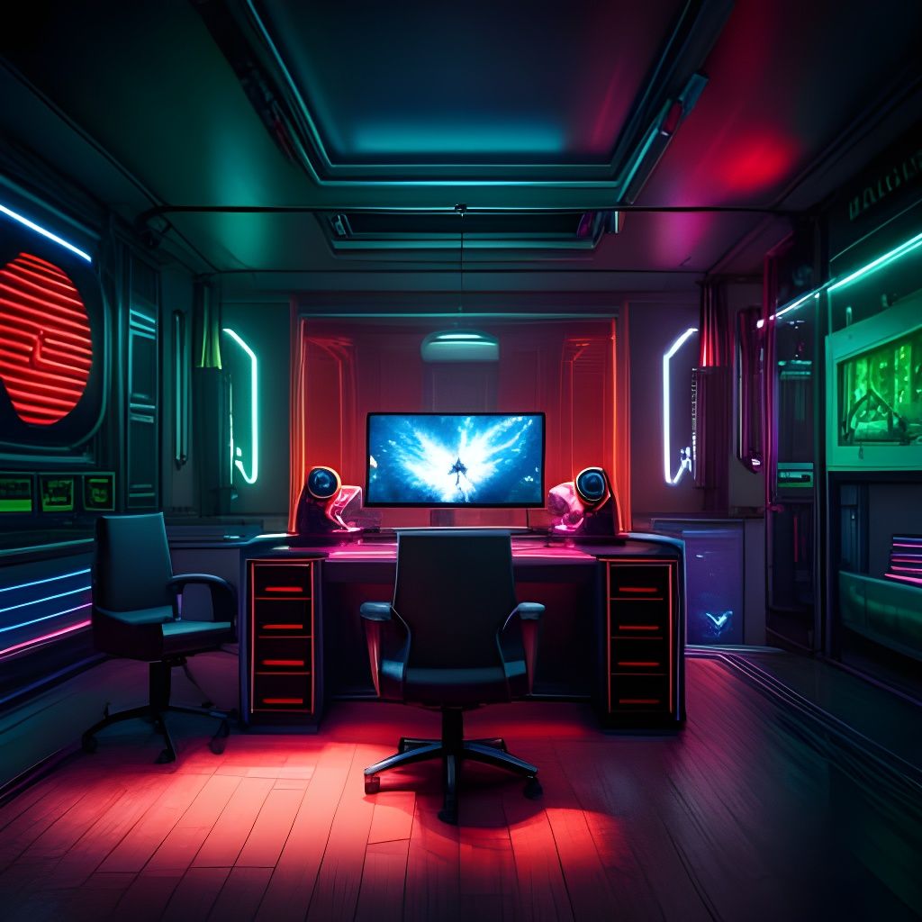 Gaming Room with Neon Lights in Detailed Digital Art