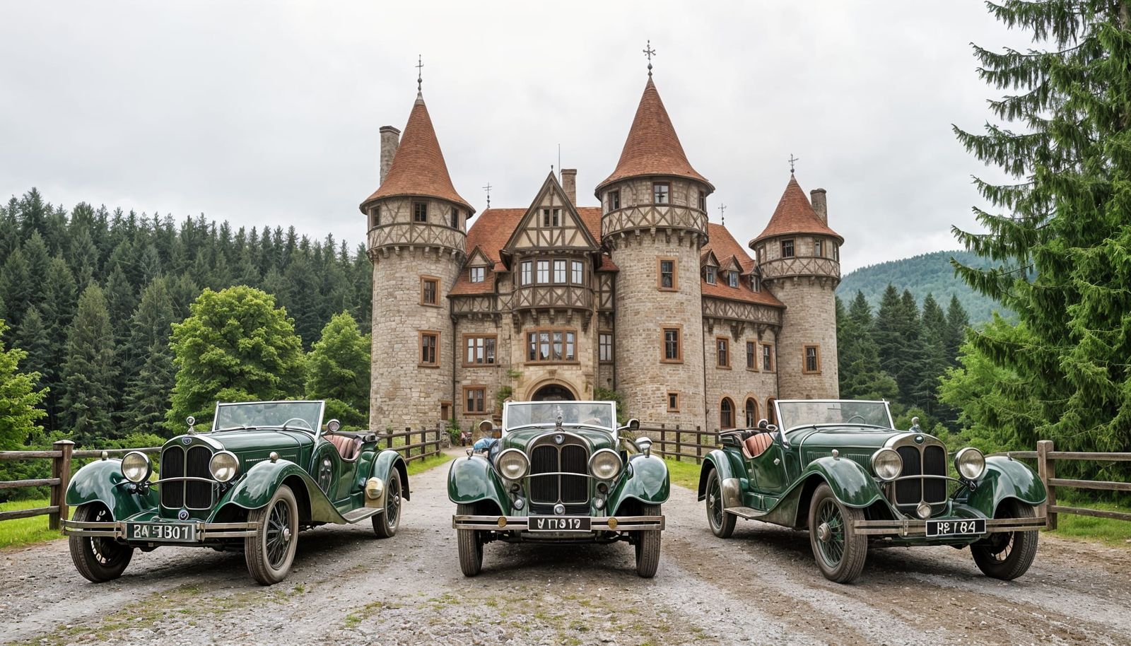 Vintage BMW Cars at Elven Castle in Green Forest