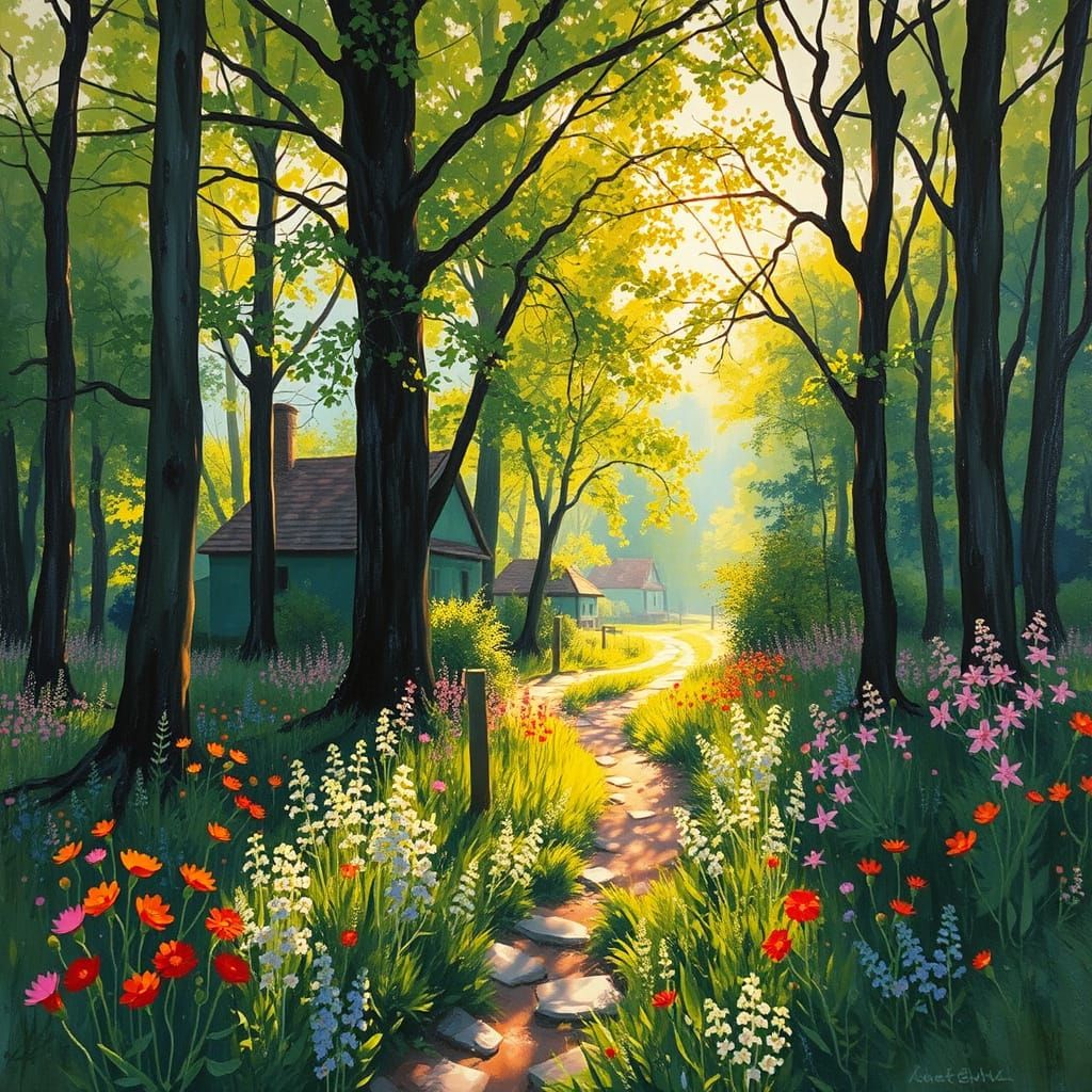 Vibrant Spring Village Scene in Neo-Impressionist Oil Painti...