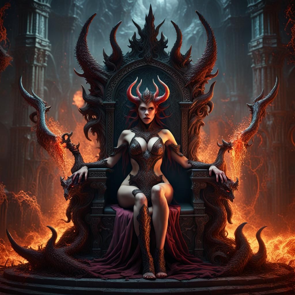 Wrathful Demoness on Infernal Throne: Fantasy Art