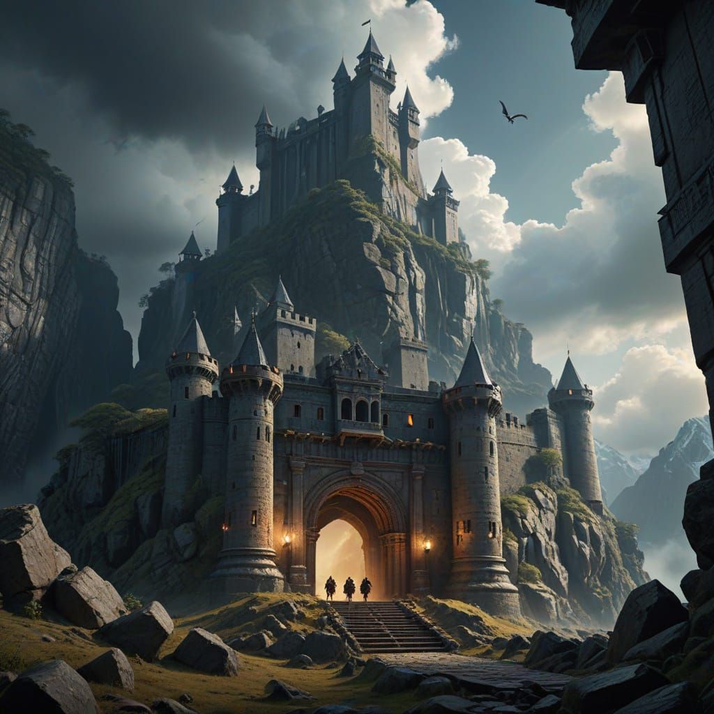 Colossal Mountain Fortress Under Dramatic Skies