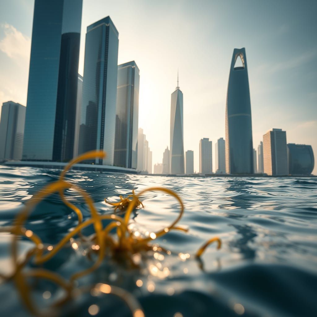 Glass City Emerging from the Ocean Depths in Cyberpunk Style