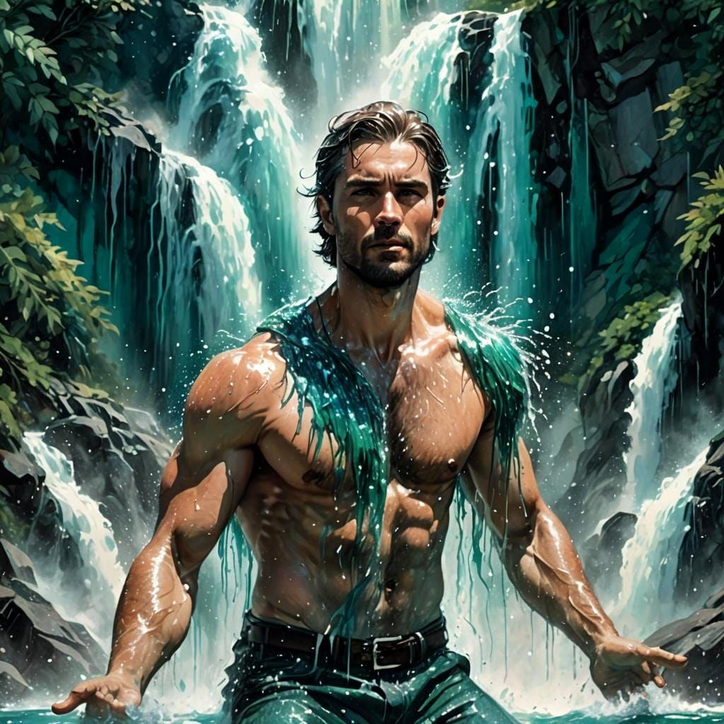 Ethereal Man in Waterfall: Fantasy Art