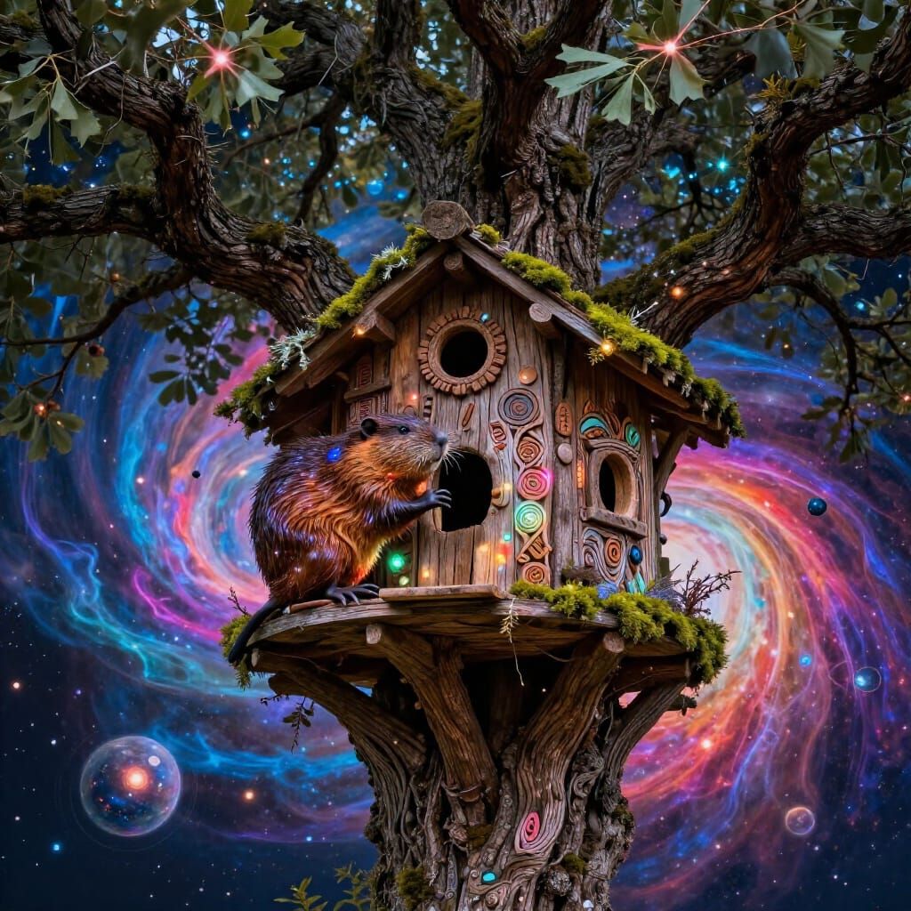 Whimsical Beaver Tends Cosmic Treehouse in Astral Style
