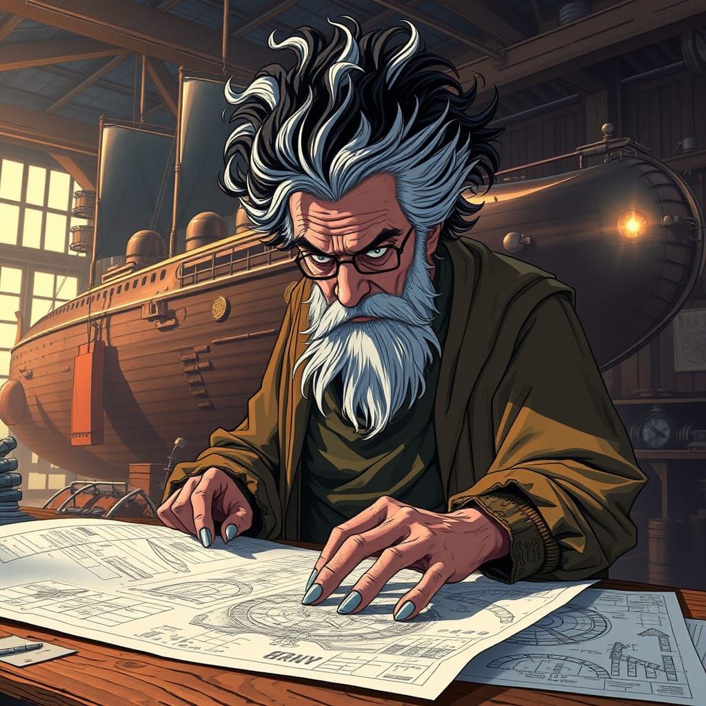 Eccentric Inventor Studies Airship Blueprints in Studio Trig...