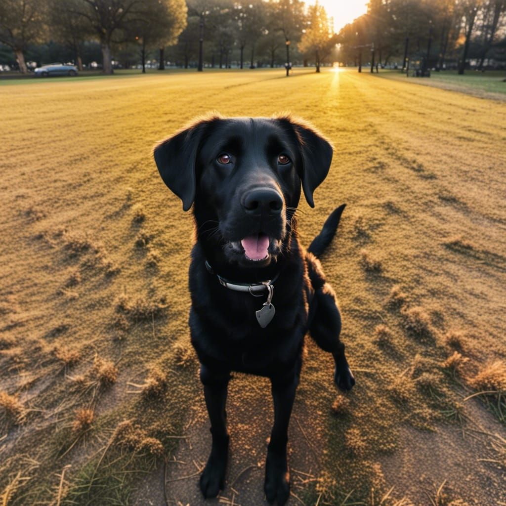 Black Labrador Runs in Park at Sunset