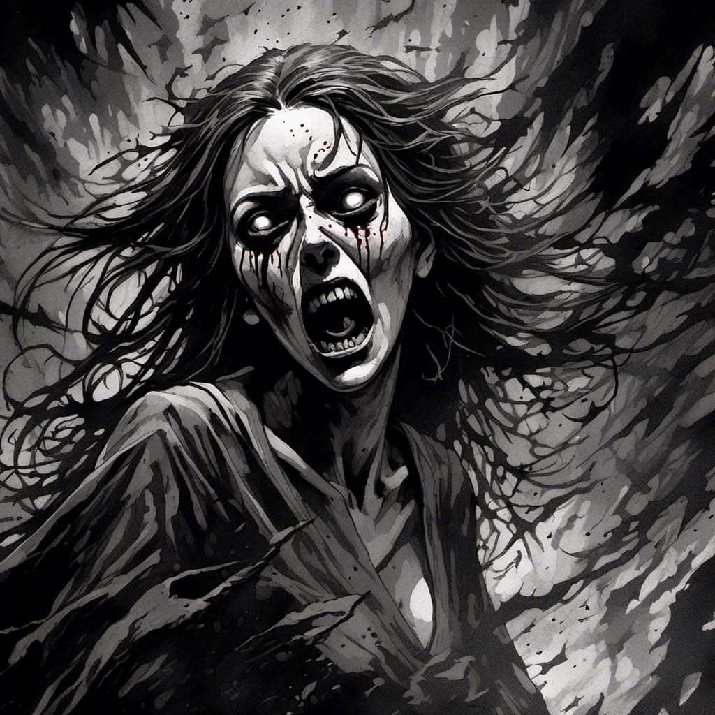 <lora:Eerie Vibes:1.0> "Putrid woman, bleeding rage." art Brut monochromatic with Marvel Comic charcoal drawn horror, su...