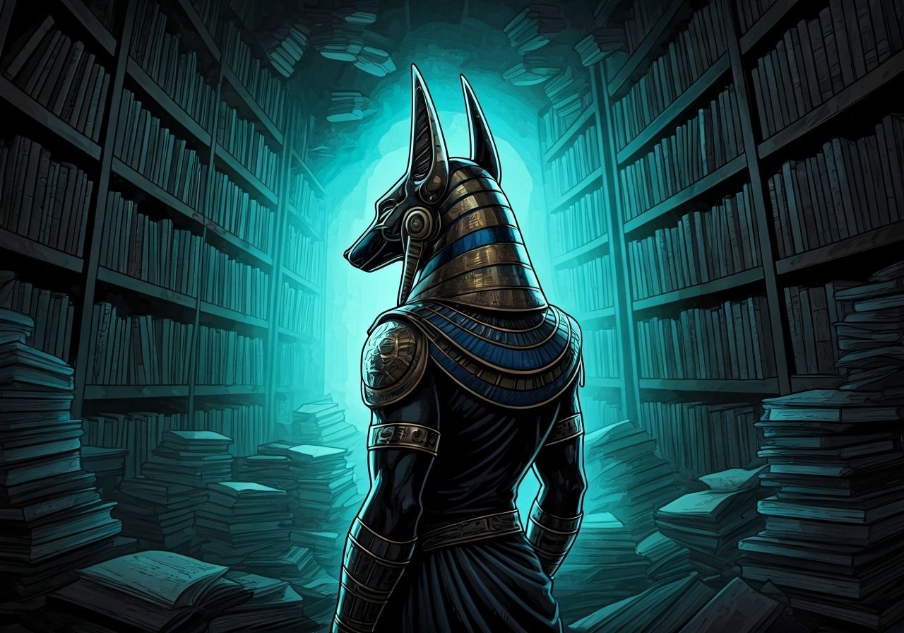 Futuristic Anubis Inspects Cosmic Library
