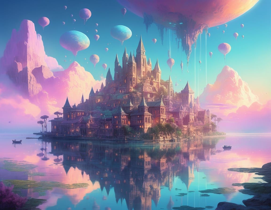 Ancient Floating City in Pastel Sky