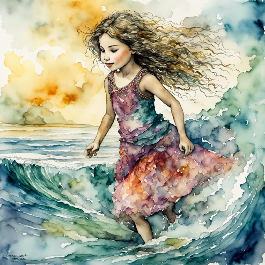 Girl Playing on Beach in Watercolor Style