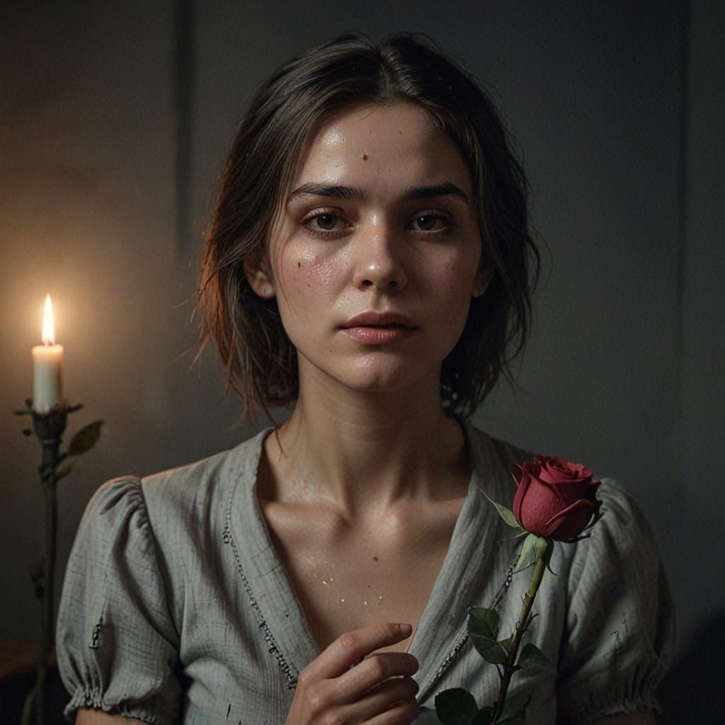 Haunted Woman Holds Wilted Rose in Moody Light