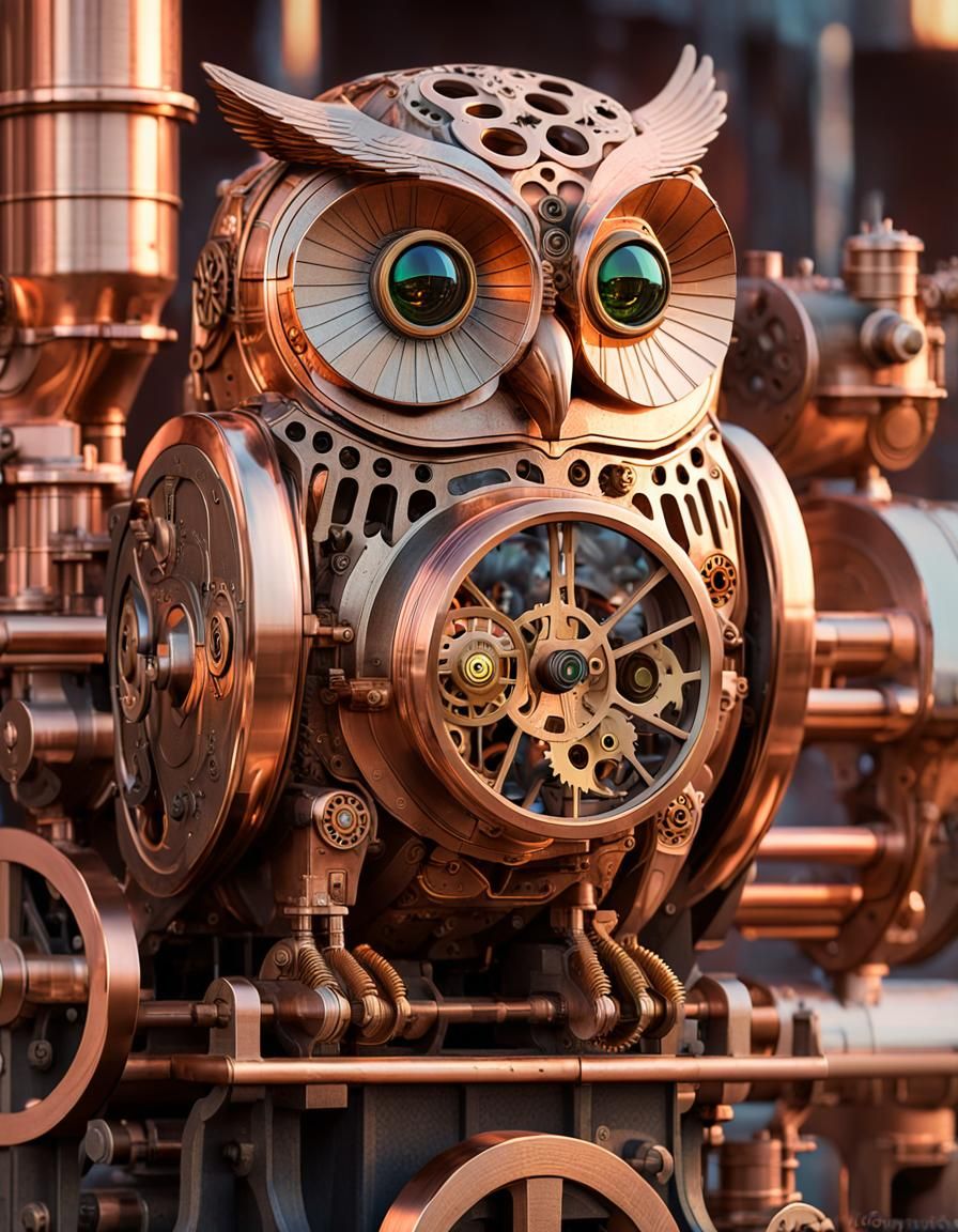 Clockwork Owl Perched on Steampunk Engine