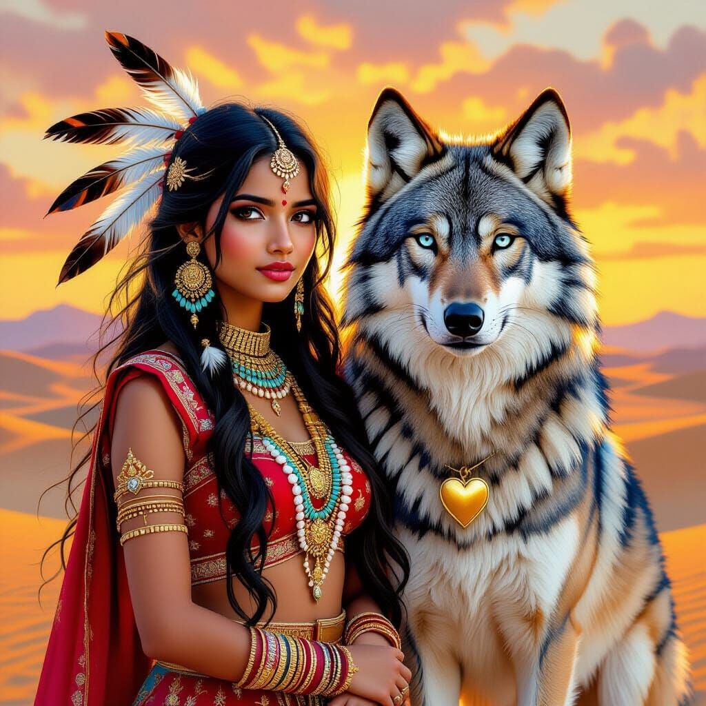 Indian Girl and Wolf in Desert Sunset, Gouache Style