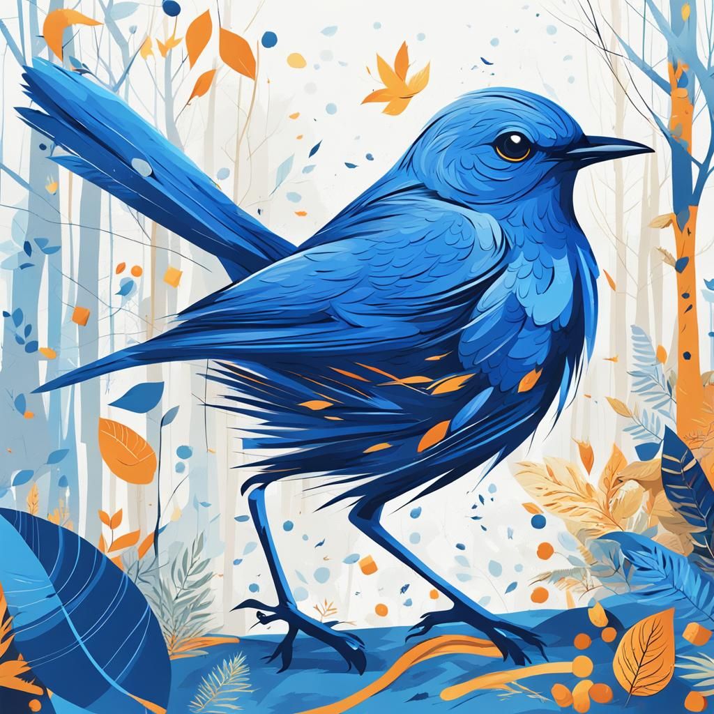 Blue Bird Walking Through Forest Illustration