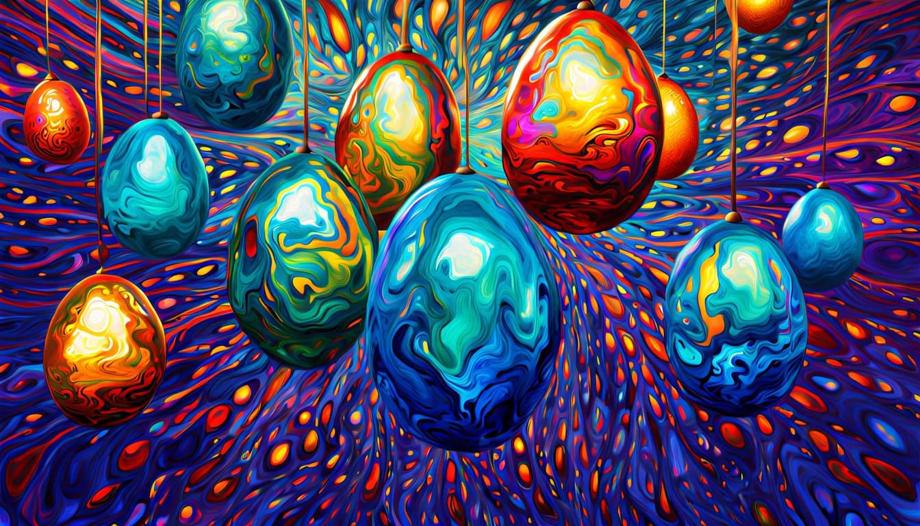 Surreal Crystal Eggs in Vibrant, Swirling Paint