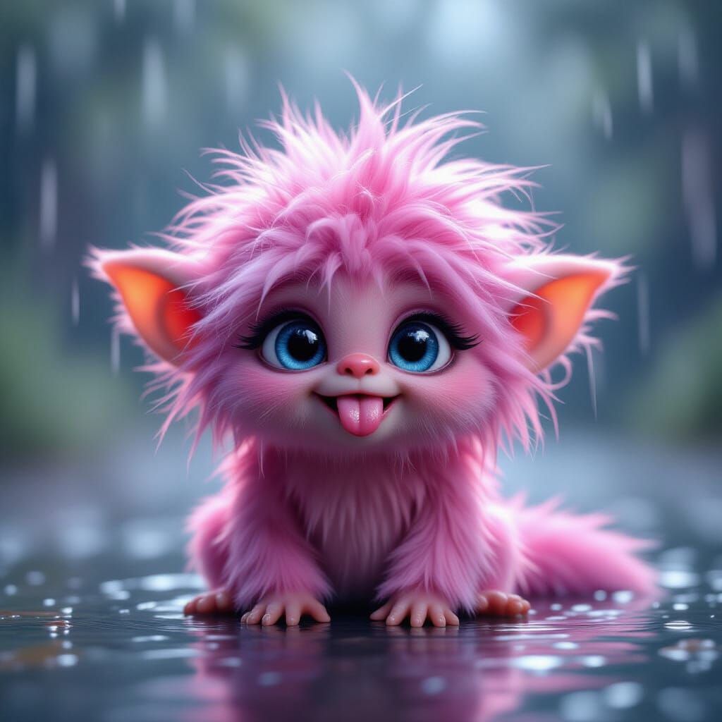 Cute Pink Gremlin in Gentle Rain
