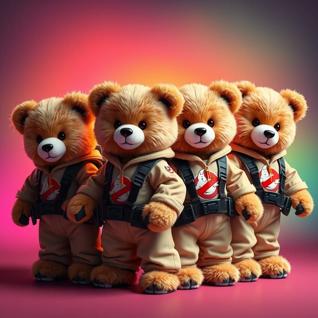 Cute Teddy Bears in Ghostbusters Costumes in Neon Aesthetic